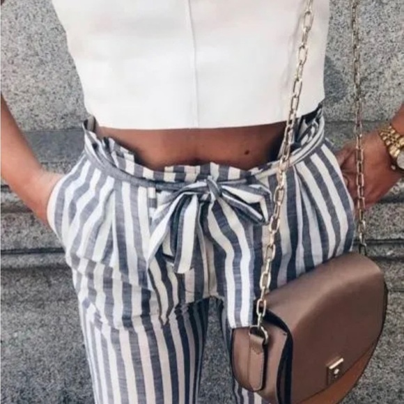 Tie Waist Belted Cigarette Trousers Striped Pants - Picture 5 of 8